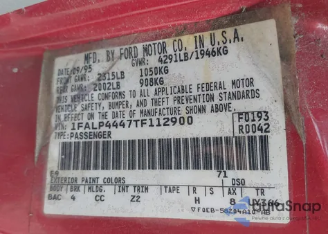 1996 Ford Mustang z USA, uszkodzony, nr VIN 1FALP4447TF112900